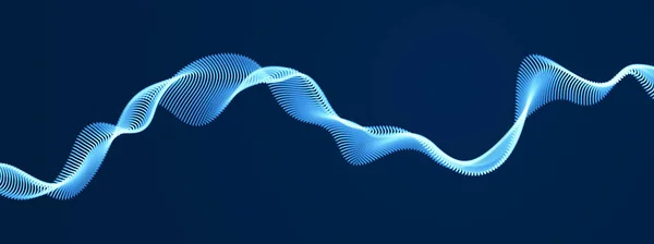 流れの粒子は暗い背景 動的音の動き曲線線にわたって振動します 3Dベクトルイラスト 美しい波の形の輝きブレンドポイントの配列 — ストックベクタ