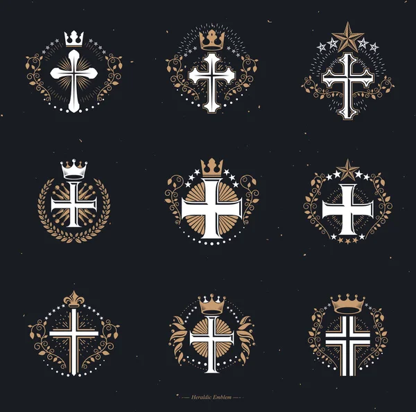 Christian Cross amblemleri yerleştirildi. Arms dekoratif logoları Heraldic Coat izole edilmiş vektör çizimleri koleksiyonu.