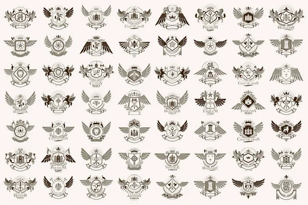 Heráldica Brasão Armas Vetor Grande Conjunto Vintage Antigos Emblemas Heráldicos — Vetor de Stock