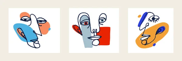 アブストラクト フェイス ベクトル ポートレート セット 抽象芸術家の頭 手描きのミニマル モダン アート 人間の顔の抽象 — ストックベクタ