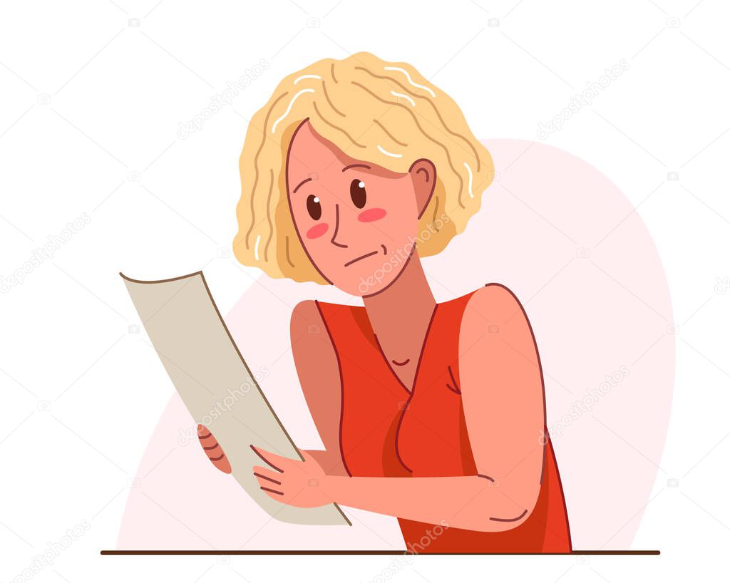 Young woman in problems with paper work vector flat illustration isolated over white, accountant employee or lawyer, mistake fail problem.