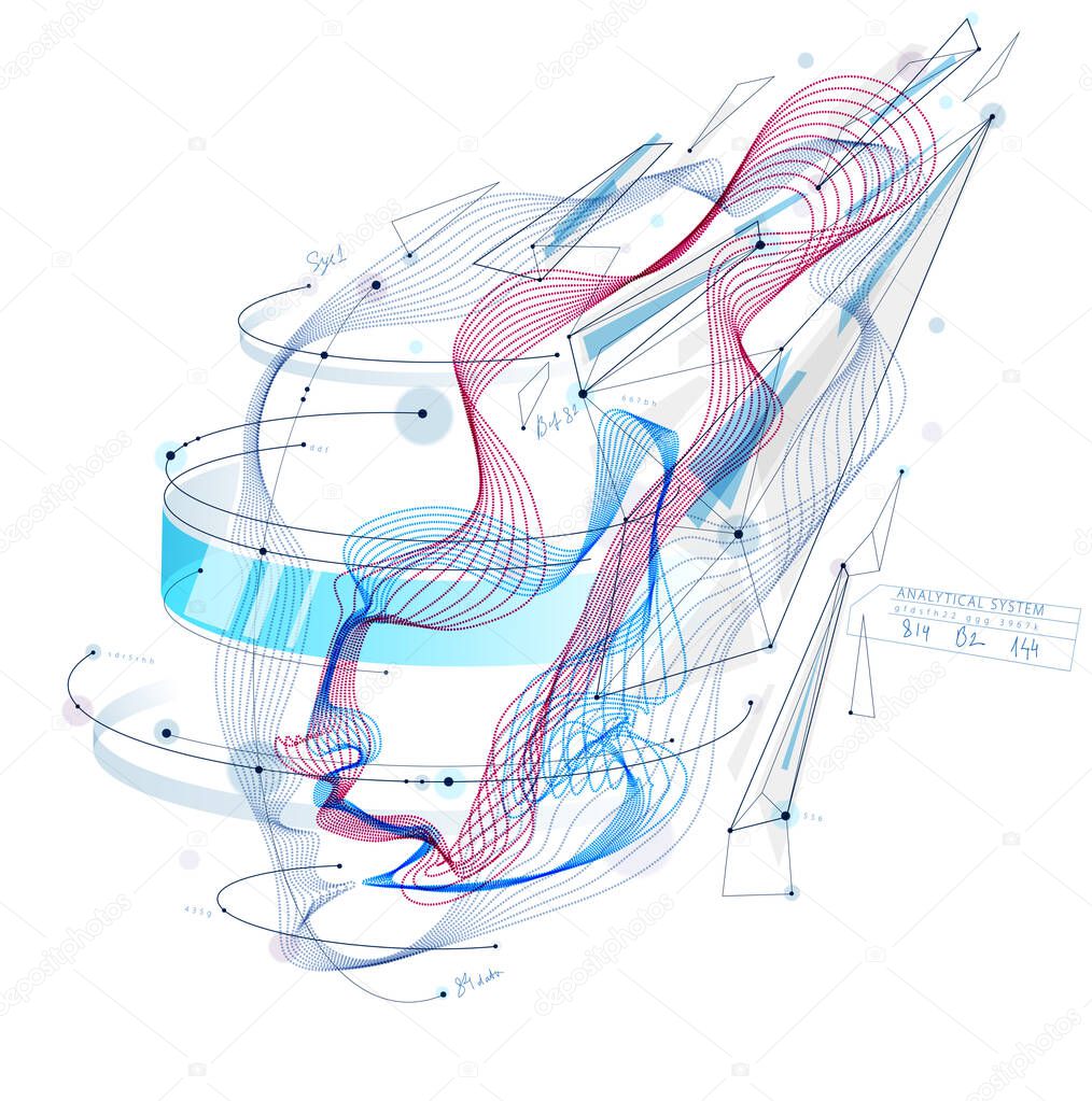 Abstract artistic human head portrait made of dotted particles array, vector illustration of Artificial Intelligence, software digital visual interface.