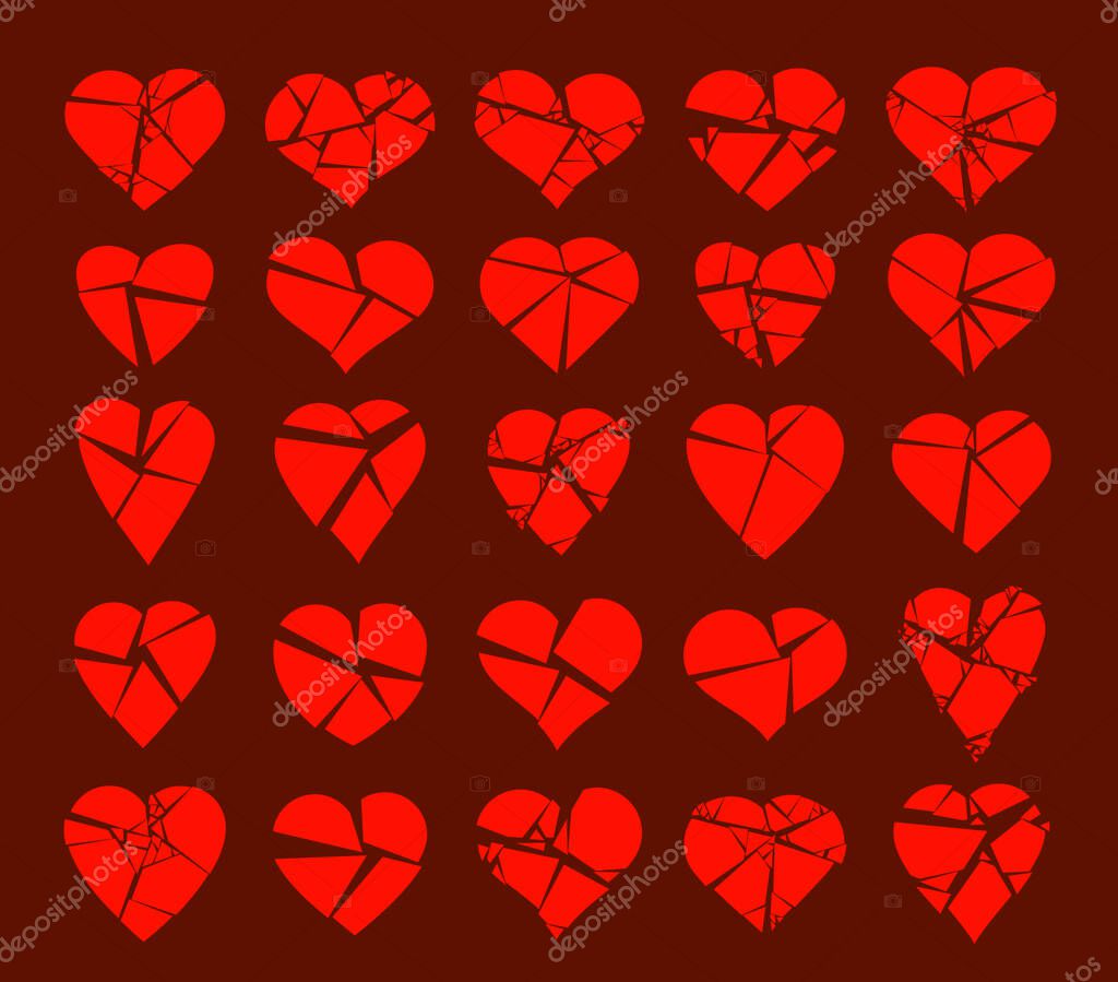 Hearts broken to pieces like a glass vector logos or icons set, broken heart concept, breakup or divorce, heartbreak regret, separated couple, tragic love.