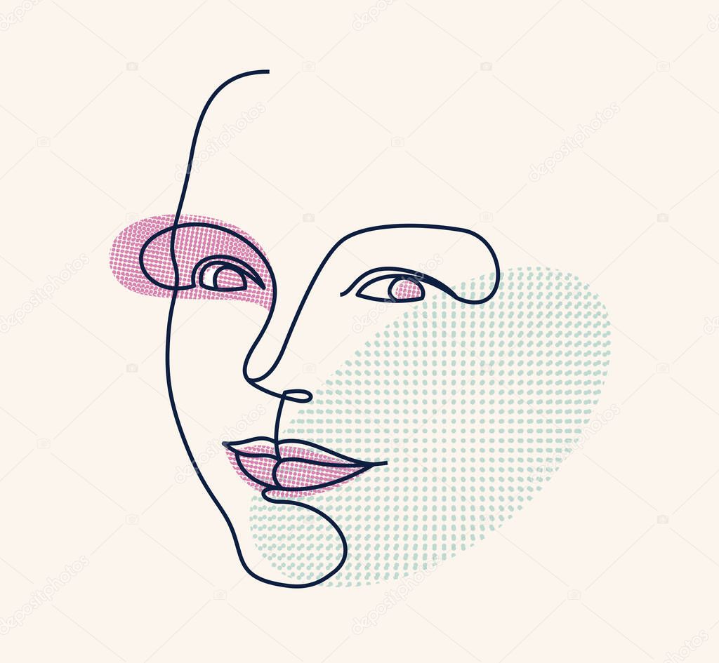 Abstract face girl vector portrait, abstraction art woman head, hand drawn minimal modern artwork, painted human facial abstraction.