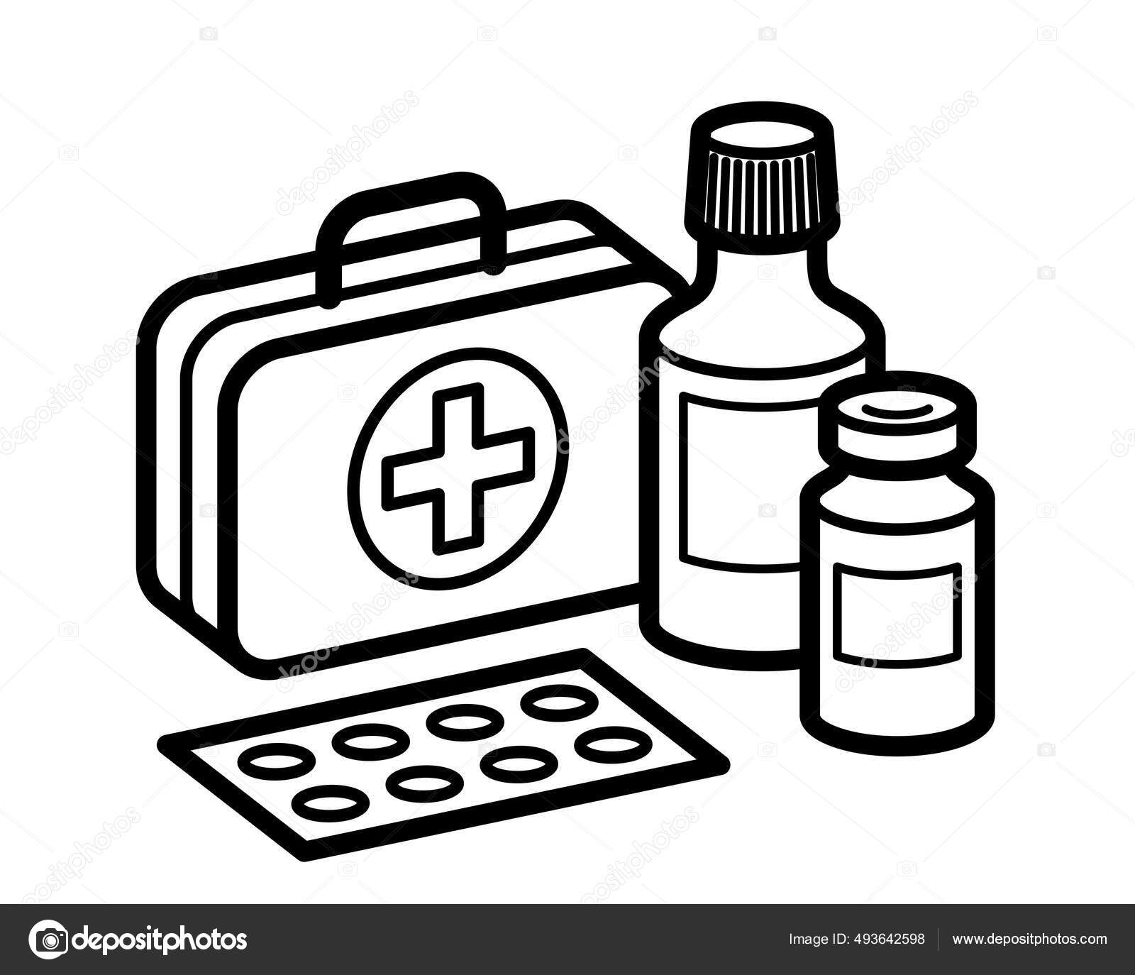 Conjunto de ferramentas médicas doodle drogaria hospital suprimentos  equipamentos farmacêuticos e pílulas elementos de primeiros socorros dos  desenhos animados coleção de vetores