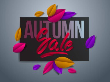 Güz satışı broşüründe harf, poster, kart, afiş, reklam tasarımı, sonbahar yaprakları vektör modern karikatür kağıdı kesimi 3d illüstrasyon.