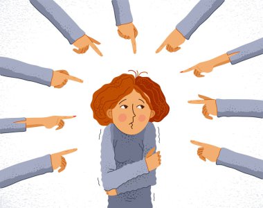 Shaming and blaming vector concept, hand pointing finger on young girl woman feeling uncomfortable and scared, discrimination problem of cruel and intolerant behavior in social groups. clipart