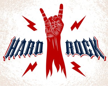 Yıldırımlı rock el işareti, sıcak müzik Rock and Roll jesti, Hard Rock festivali konseri veya kulübü, vektör etiketi amblemi veya logosu, müzik aletleri dükkanı veya kayıt stüdyosu.