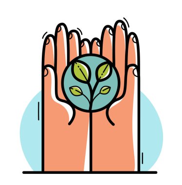 Çevre konsepti, botanik yaşam koruması ve korunması için beyaz, şefkat ve savunma üzerine izole edilmiş, küçük bitki koruma ve bakım vektörü düz stil illüstrasyon gösteren iki el.