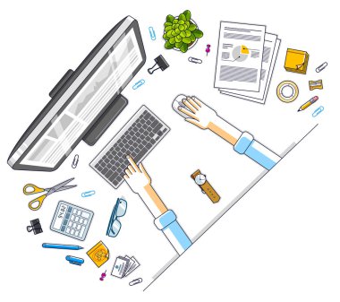 Bir bilgisayar üzerinde çalışan ofis çalışanı ya da girişimci, insan eli ve çeşitli kırtasiye eşyalarıyla çalışma masasının üst görüntüsü. Tüm elementleri ayrı ayrı kullanmak kolaydır. Vektör illüstrasyonu.