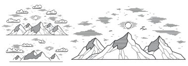 Dağ zirveleri çizgisi sanat vektörü illüstrasyonu beyaz, dağların doğrusal çizimi vahşi doğa manzarası, doğa yürüyüşü karınca gezisi teması.