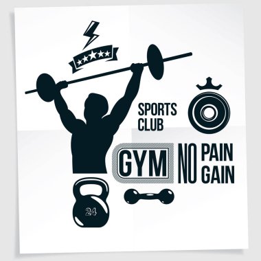 Spor salonu reklam broşürü, halter spor ekipmanları tutan kaslı vücutçunun vektör illüstrasyonuyla oluşturuldu. Acı yok, kazanç yok..