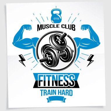Ağır yük kaldırma şampiyonası reklam afişi. Disk ağırlıklı dambıl ve çaydanlık çanı spor ekipmanlarıyla kaslı sporcu kollarının vektör bileşimi. Zor alıntılar yap.