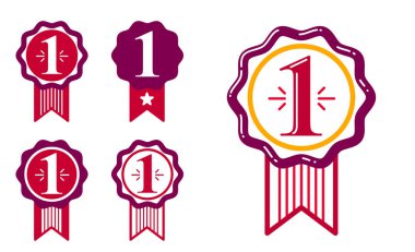 Birincilik vektör ödülleri seti, grafik tasarım geometrik basit amblem etiketleri bir numaralı koleksiyon, iş başarısı ve zafer tema etiketleri, klasik tarz simgeleri.