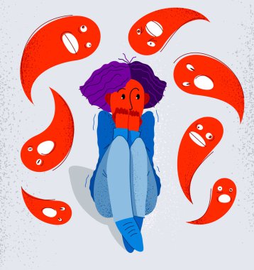 Hayaletler ve ruhlar fobisi paranormal taşıyıcı illüstrasyon, panik ataktan korkan kız etrafında hayali hayaletler uçuşuyor, psikoloji ve psikiyatri..