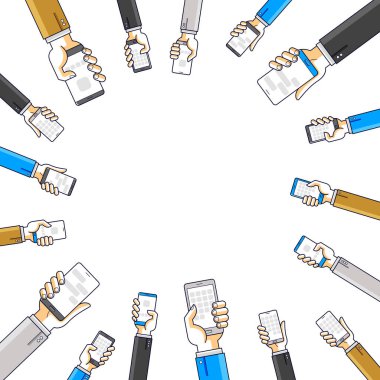 İnternet iletişimi ve etkinliği, insanların el ele tutuşmaları ve uygulamaları kullanmaları, küresel ağ, modern iletişim, kurye veya sosyal medya kavramı, vektör tasarımı.