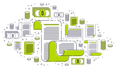 Simge seti, elektronik belge konsepti, veri kaydetme ve koruma, SSS veya anlaşma üyelik sözleşmesi ve kuralları, vektör tasarımı.