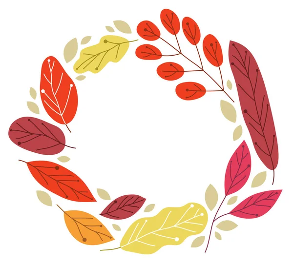 黄色と赤の秋の葉のフレームの花輪自然のベクトルフラットイラストの美しさ白の背景に隔離され 秋の葉の描画組成 — ストックベクタ