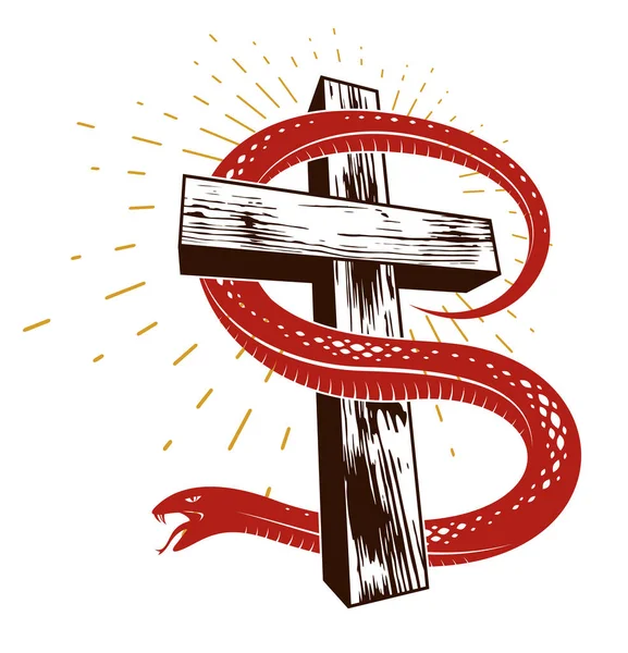 Serpiente Envuelve Cruz Cristiana Lucha Entre Bien Mal Santo Pecador — Vector de stock