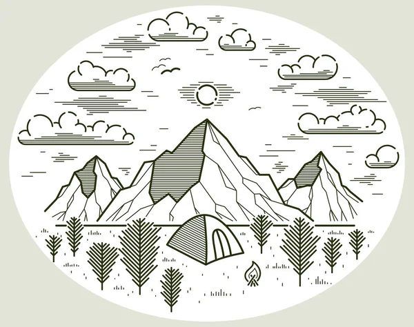 Camping Tente Dans Chaîne Montagnes Forêt Pins Vecteur Illustration Linéaire — Image vectorielle