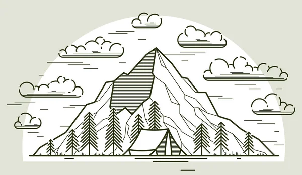 Camping Tente Dans Chaîne Montagnes Forêt Pins Vecteur Illustration Linéaire — Image vectorielle