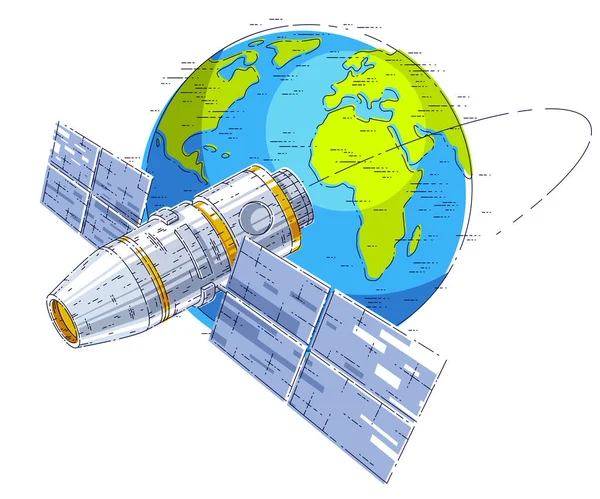 Uzay Istasyonu Dünya Nın Yörüngesinde Uçan Uzay Aracı Güneş Panelleri — Stok Vektör