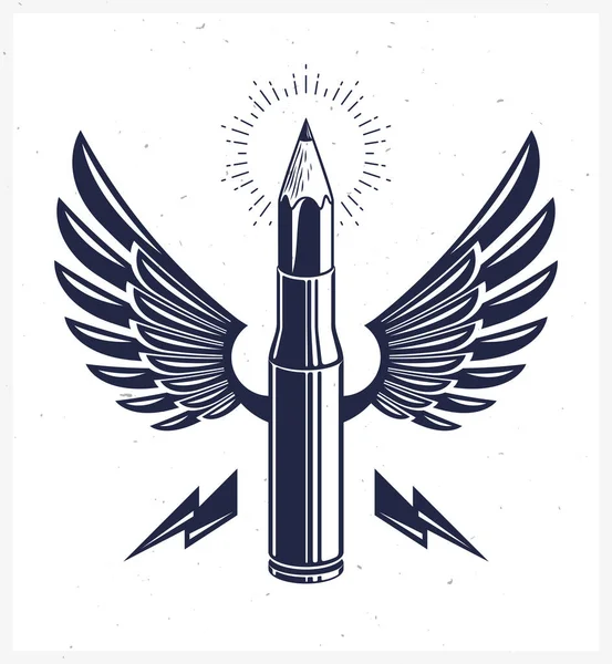 意念是一个武器概念 设计师或艺术家的武器寓言 用铅笔而不是子弹 创造力 矢量标识或图标做成有翼的枪弹盒 — 图库矢量图片