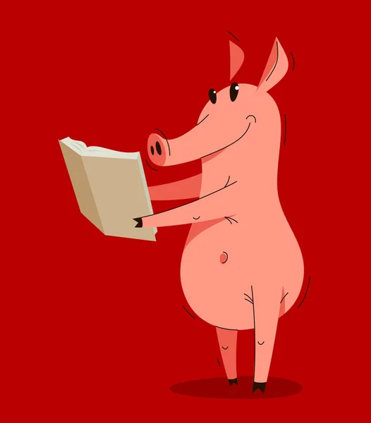 Funny Cartoon Pig Reading Book Vector Illustration Smart Swine Education — Stock Vector