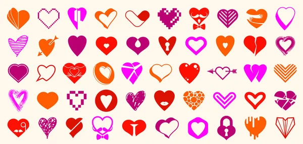 Kalplerin Toplanması Vektör Logoları Veya Simgeler Seti Farklı Stil Konseptlerin — Stok Vektör