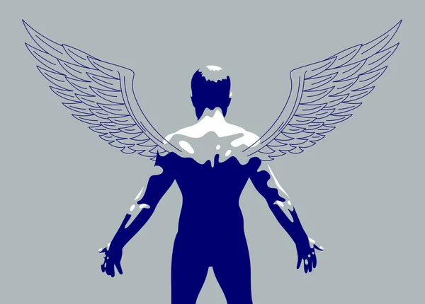 Okřídlený Anděl Svalnatým Silným Tělem Zpět Pohled Vektorové Ilustrace Strážný — Stockový vektor
