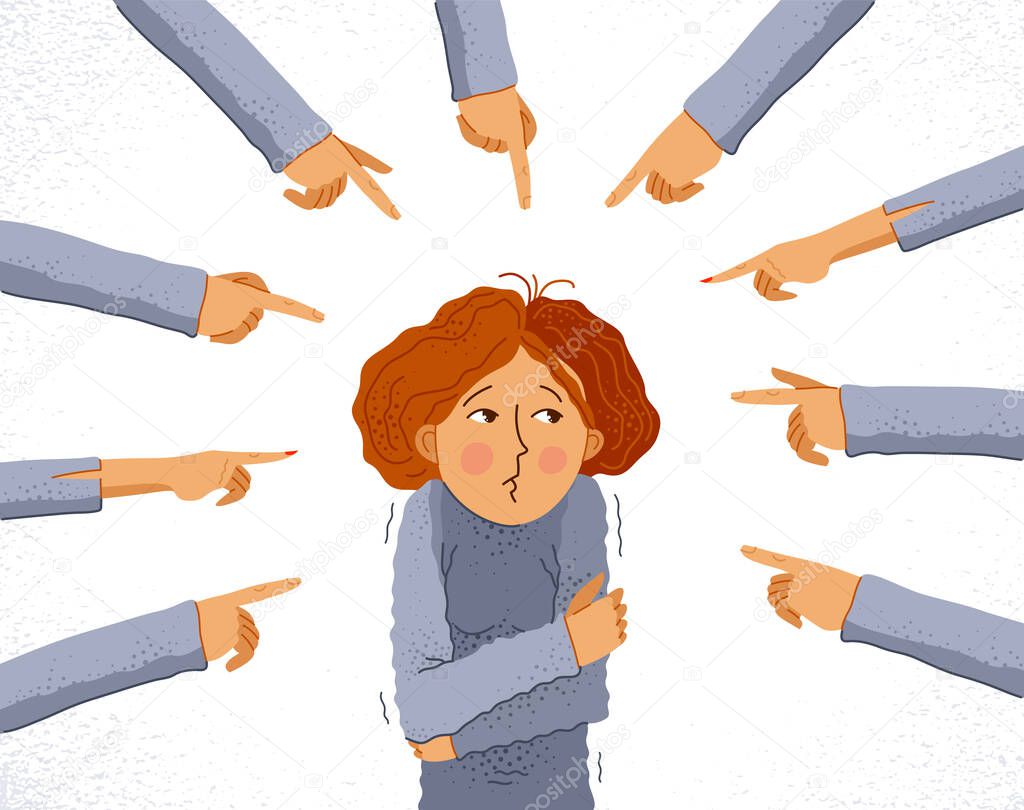 Shaming and blaming vector concept, hand pointing finger on young girl woman feeling uncomfortable and scared, discrimination problem of cruel and intolerant behavior in social groups.