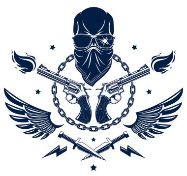 Devrim ve isyan arması veya saldırgan kafatası, silah ve farklı tasarım unsurları, vektör dövmesi, anarşi ve kaos, isyancı partizan ve devrimci.