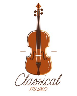 Klasik müzik amblemi veya logo vektörü düz stil illüstrasyonu izole edilmiş, etiket veya festival veya müzik orkestrası için çello logosu.