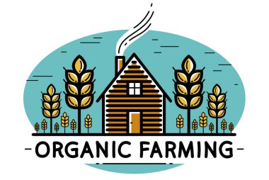 Dikenli tarım vektörü amblemi ya da logosu beyaz arka plan, ahşap ev ve buğday tarımı resimleme, doğrusal ve renkli versiyonu olan çiftlik evi.