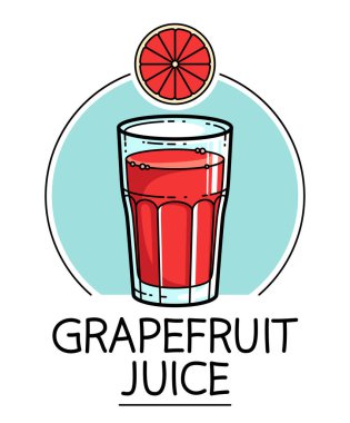 Beyaz arka plan vektör illüstrasyonuna izole edilmiş bir bardakta greyfurt suyu, saf taze meyve suyu için çizgi film tarzı logo veya rozet, lezzetli ve sağlıklı diyet yiyecek içeceği. 
