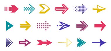 Çeşitli ok imleci vektörü seti, farklı şekiller stiller ve konseptler simgeler veya logolar için tek renk monokrom grafik tasarım unsurları.