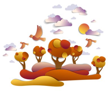 Çayırlar ve ağaçlar, kuşlar ve güneş, bulutlu gökyüzü manzara sonbahar manzara sonbahar alanları ve otlaklar kağıt kesme çocuklar tarzı illüstrasyon vektör. Sonbahar kırsal, seyahat ve Turizm.