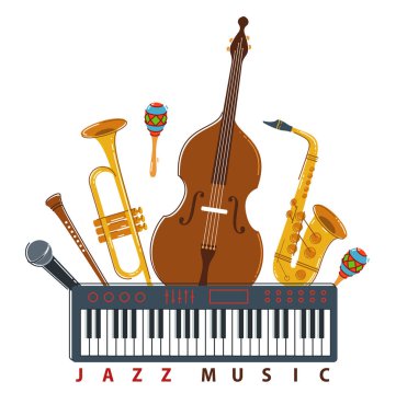 Caz müzik grubu posterleri farklı enstrümanlar vektör düz illüstrasyon, canlı müzik festivali veya konser reklam broşürü veya afiş, farklı enstrümanlar orkestrası.