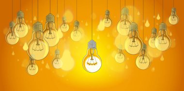 Fikir kavramı ampuller vektör illüstrasyonunda parlıyor, farklı düşünüyor, yaratıcılık, özel olmak, liderlik.