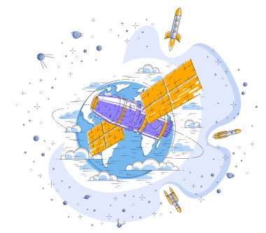 Uzay İstasyonu çevresinde Dünya, uzay gemisi uzay gemisi ISS yapay uydu, roketler, yıldızlar ve diğer öğeleri ile güneş panelleri, Yörüngesel uzay uçuşu uçan. İnce çizgi 3d vektör çizim.