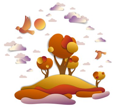 Çayırlar ve ağaçlar, kuşlar ve güneş, bulutlu gökyüzü manzara sonbahar manzara sonbahar alanları ve otlaklar kağıt kesme çocuklar tarzı illüstrasyon vektör. Sonbahar kırsal, seyahat ve Turizm.