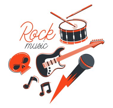 Rock müzik grubu vektör düz illüstrasyon beyaz zemin üzerinde izole edilmiş, hard rock ve heavy metal canlı müzik festivali veya konser, rock n roll müzik grubu, gece kulübü partisi.