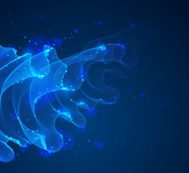 Karanlık vektör sihirli arka plan üzerinde akan parçacıklar dalgası, rüzgarda şeffaf tül tekstili pürüzsüz kıvrımlı şekiller. 3D şekilli noktalar harmanlanmış ağ, rahatlatıcı duvar kağıdı.