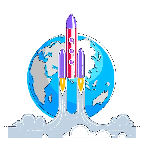 Lanzamiento Cohetes Sobre Planeta Tierra Espacio Descubierto Explora Universo Ciencia — Vector de stock