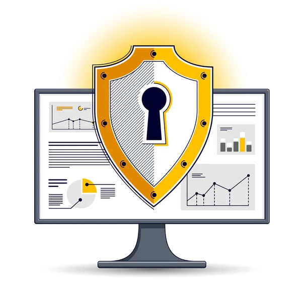 Escudo Sobre Monitor Computador Conceito Segurança Dados Privados Antivírus Firewall —  Vetores de Stock