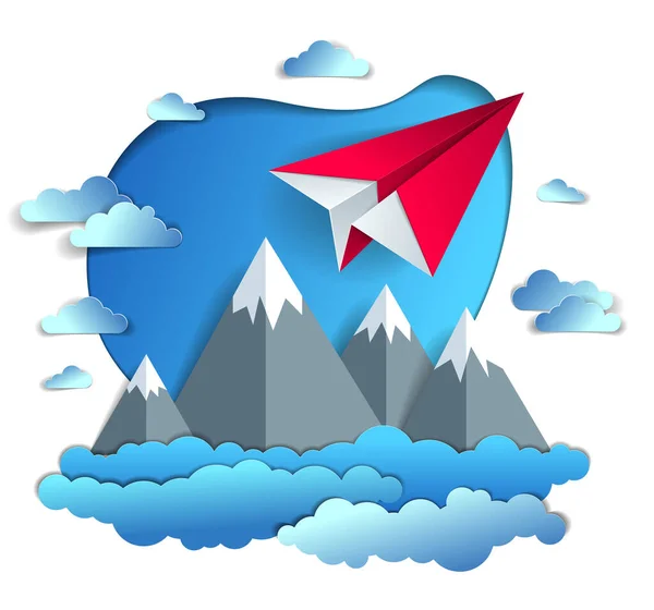 Origami Brinquedo Avião Papel Voando Céu Sobre Picos Montanha Ilustração — Vetor de Stock