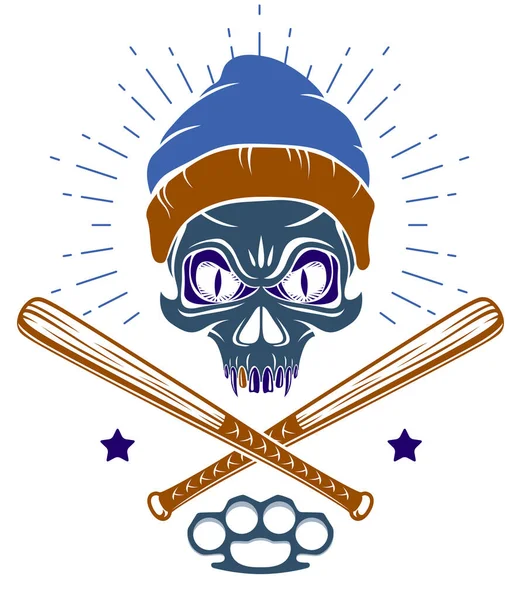 Жорстока Гангстерська Емблема Або Логотип Агресивними Елементами Дизайну Черепа Бейсболу — стоковий вектор