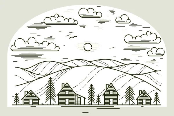 Pueblo Rural Bosques Emblema Vector Lineal Aislado Blanco Casas Madera — Vector de stock