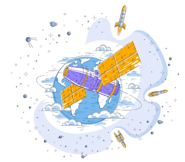 空间站在地球周围飞行轨道飞行 航天器宇宙飞船与太阳能电池板 人造卫星 与火箭 星和其他元素 细线3D 矢量图 — 图库矢量图片