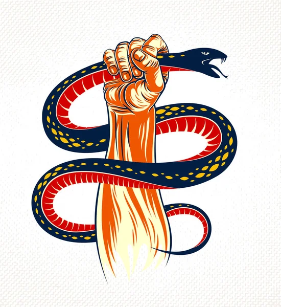 Main Serre Serpent Lutte Contre Diable Maléfique Satan Contrôle Ton — Image vectorielle